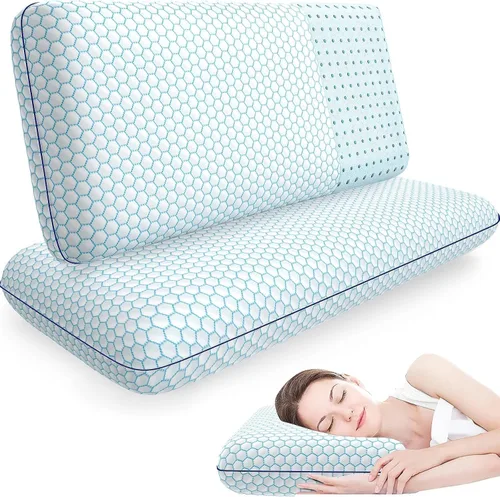 CushyOasis Almohadas de espuma viscoelástica para dormir de lado, espalda y boca abajo, juego de 2, almohadas de cama con funda lavable y malla Azul