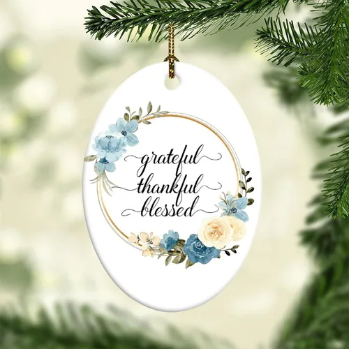 Miniatura 5 de Adornos de Navidad con cita de corona de flores, adorno ovalado de porcelana de Grateful Thankful Blesed, decoración de árbol de Navidad, regalos