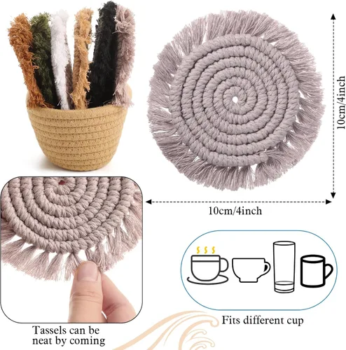 Miniatura 2 de Juego de 6 posavasos de algodón tejido bohemio absorbente con soporte para casa de campo, borla de macramé, regalo de inauguración de la casa