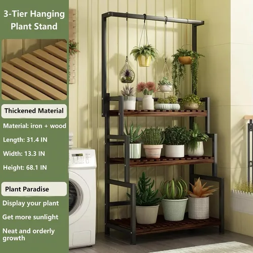 Miniatura 4 de Soporte colgante de 3 niveles para plantas interiores, estante de metal de 68 pulgadas de alto para múltiples plantas de interior, soporte grande