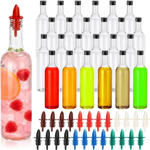 Miniatura 10 de Yinder 24 botellas de plástico de cuello largo con vertedor de 25 onzas, botellas vacías de licor de vino transparente para verter con 24 vertedores