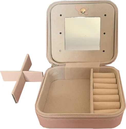 Miniatura 3 de Joyero de viaje organizador portátil para joyas, organizador de almacenamiento de piel sintética con espejo, soporte de joyería para mujeres