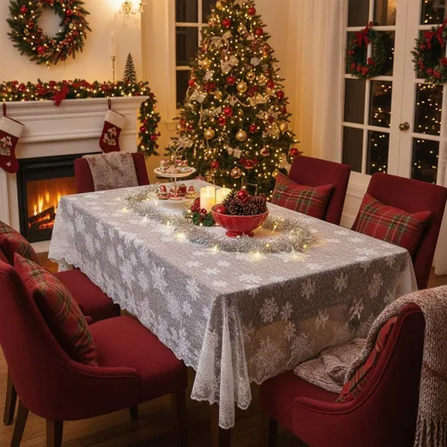 Miniatura 2 de mookaitedecor Mantel de encaje de poliéster de 83 a 84 pulgadas, mantel rectangular de copos de nieve blancos para Navidad, Acción de Gracias