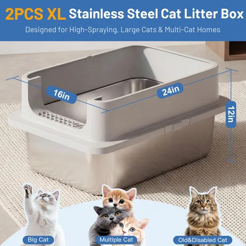 Miniatura 3 de Jotesnew Paquete de 2 Cajas de Arena para Gatos de Acero Inoxidable XL con Tapa y Lados Altos, 24" L x 16" A x 12" Al Cajas de Arena de Metal Extra