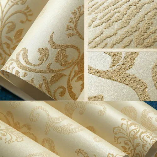 Miniatura 7 de QIHANG Color beige no tejido 1.7 ft*32.8 ft=5.3㎡ del rollo del papel pintado del polvo de la perla del damasco del estilo europeo 3D Amarillo claro