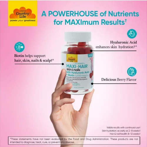 Miniatura 4 de Country Life Maxi-Hair - Gomitas para piel y uñas con ácido hialurónico y biotina de 5,000 mcg - Apoya el crecimiento del cabello, la hidratación