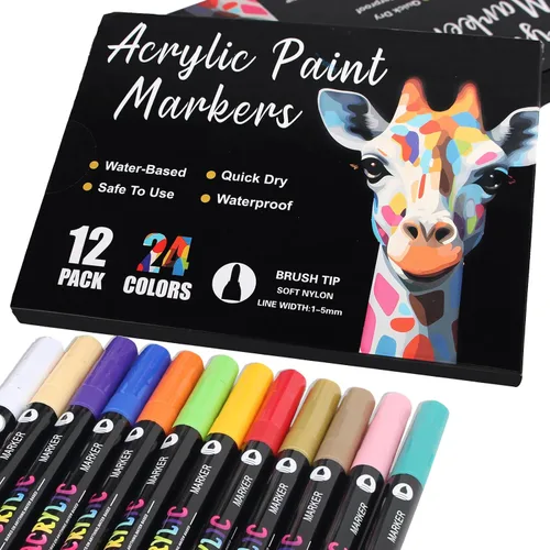 Brled Marcadores de pintura acrílica de 24 colores con 12 puntas de pincel de doble color, bolígrafos de pintura acrílica de doble punta para rocas,