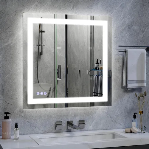 Miniatura 10 de VooBang Espejo de baño con luces de 30 x 30 pulgadas, 3 modos de iluminación ajustables, espejo de tocador de baño LED, antivaho y función