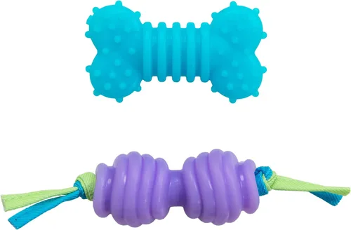 Petstages Mini Orka - Par de juguetes masticables para perros con huesos y mancuernas, paquete de 2