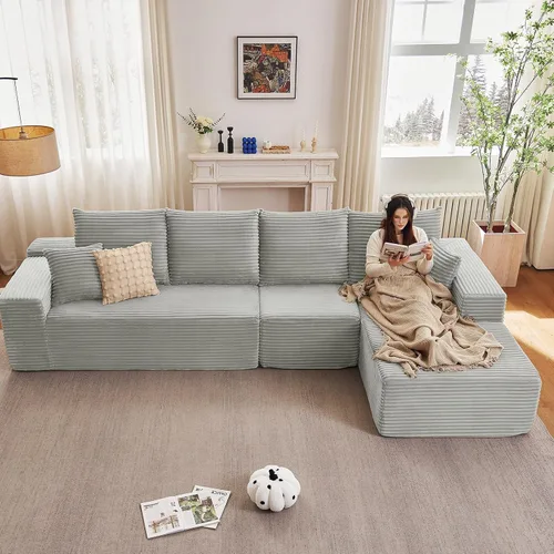 Miniatura 23 de Sofá seccional modular de 96", sofá en forma de L tipo nube sin estructura con chaise lounge, tapizado de pana con asiento profundo de espuma Negro