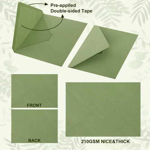 Miniatura 3 de Whaline Juego de 50 sobres de invitación A7, color verde salvia, sobres para tarjetas de felicitación, con solapa en V, fundas para tarjetas