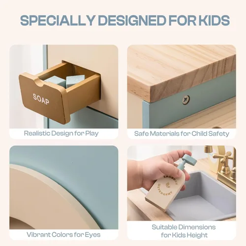 Miniatura 5 de ROBOTIME Juego de lavadora de cocina de juguete, lavadora de juguetes de madera para niños con cesta de ropa, plancha y fregadero, juguete de cocina