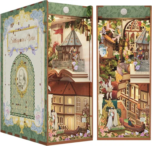 Miniatura 10 de Tonecheer Kit de rincón de libros para adultos, rompecabezas 3D de madera, kit de casa en miniatura, estante de libros para casa de muñecas, soporte
