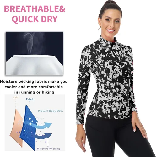 Miniatura 3 de WOWENY Camiseta deportiva de manga larga para mujer, con cremallera de un cuarto, cuello para entrenamiento, camiseta de tenis con estampado