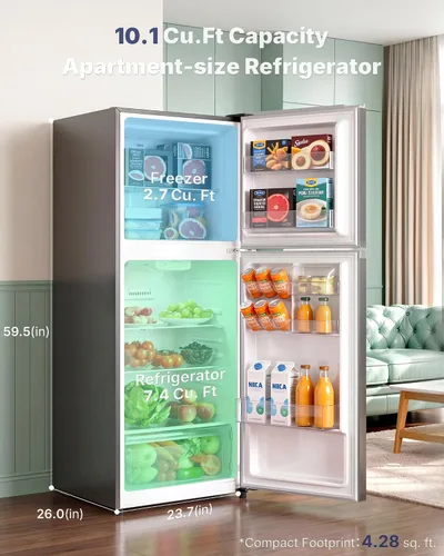 Miniatura 2 de Upstreman 10.1 Cu.Ft Refrigerator with Top Freezer, Reversible 2 Door Medium Fridge, Shelves, Drawer, Wheels, Low Noise, Temp Control, Auto Defrost
