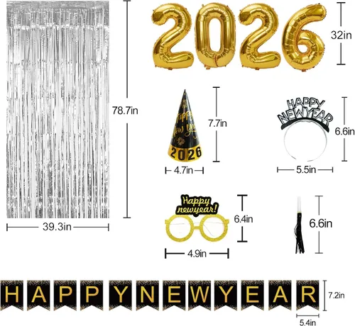 Miniatura 4 de Suministros para fiesta de Año Nuevo 2026 – Kit de decoración de Feliz Año Nuevo – Juego de 50 unidades incluye pancarta, sombreros, cinta, gafas