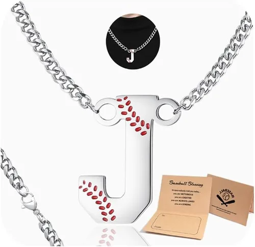 Miniatura 22 de QINJIEJIE Collar de béisbol inicial A-Z con letras, accesorios deportivos, colgante de encanto de béisbol, joyería de cadena de acero inoxidable 2-P