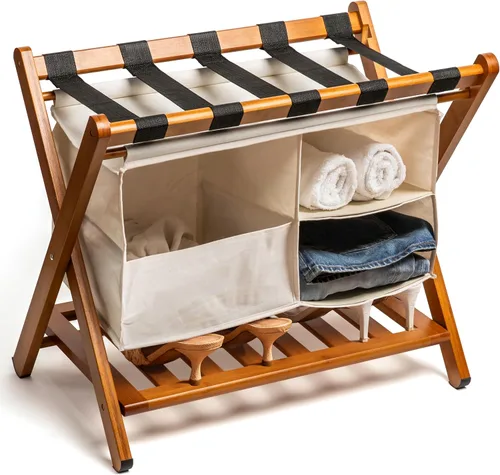 Estante plegable de bambú de nogal totalmente ensamblado para habitación de invitados, soporte plegable de maleta de 26.75 pulgadas con bolsa de