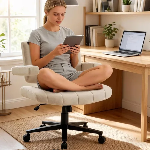 Miniatura 10 de Vigosit Silla de oficina entrecruzada, felpa de gran tamaño para sentarse con patas cruzadas, brazos ajustables y ruedas giratorias de 360°