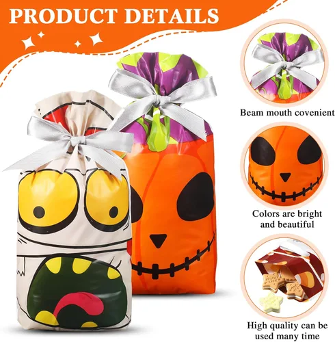Miniatura 3 de Funrous 48 bolsas de regalo con cordón para Halloween, bolsas de plástico para dulces, bolsas de regalo de fiesta para niños, suministros de fiesta