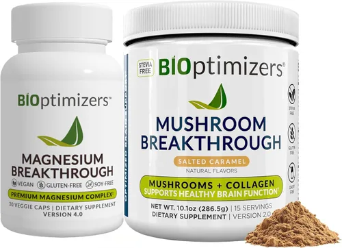 BiOptimizers Magnesium Breakthrough 4.0, (30 cápsulas) y polvo de hongos (caramelo salado, 15 porciones) – Paquete de superalimentos y suplementos