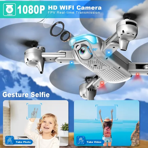 Miniatura 2 de Dron con cámara de 1080P para principiantes, dron plegable con 2 baterías, elevación mejorada, selfie por gestos, vuelo por puntos de referencia