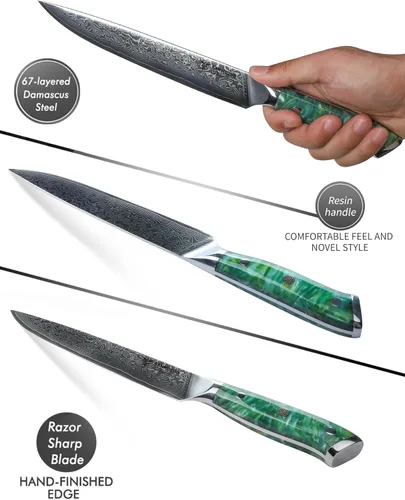 Miniatura 3 de Cuchillo para cortar carne de cocina de 9 pulgadas, serie Xuan, VG10, acero de damasco con mango de resina (verde jade)