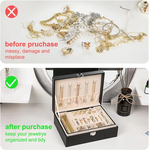 Miniatura 7 de KCY Organizador de joyas para mujeres y niñas, estuche grande de cuero sintético con soporte de exhibición de 2 capas y bandeja extraíble