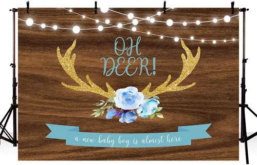 MEHOFOND 7 x 5 pies Oh Deer Baby Shower fondo utilería azul floral madera rústica It's A Boy Baby Shower Gold Buck caza luces con purpurina bosque,