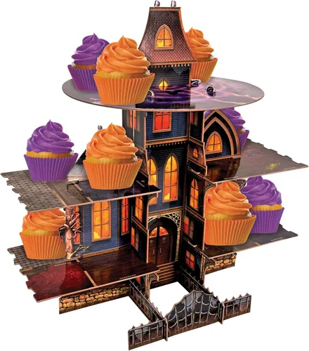 Miniatura 5 de Beistle Haunted House - Soporte para cupcakes, torre gótica de 3 niveles de exhibición de postres de Halloween con diseño de mansión espeluznante