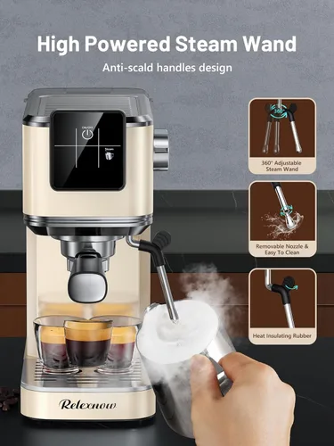 Miniatura 7 de RELEXNOW Máquina de café expreso, 20 bares, espumador de leche y panel LCD, máquina de café caliente y helado, máquina de café espresso de acero