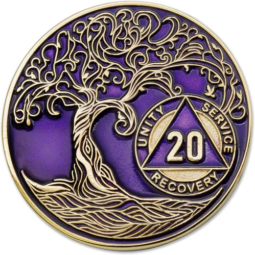 Miniatura 82 de 20 Year Sobriety Mint Twisted Tree of Life - Medallón de recuperación AA chapado en oro, fichas y fichas, color negro
