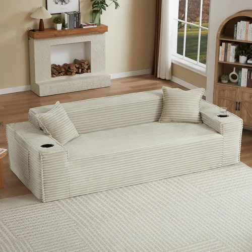 Miniatura 12 de Tmsan Sofá de 3 plazas sin hueso de 80.7 pulgadas para sala de estar con portavasos y asiento profundo de 26 pulgadas, bolsillos laterales, sofá