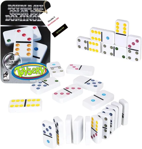 Miniatura 2 de Toysery Juego de dominó doble de 6 con puntos de colores. Juego de 28 piezas de dominó blancos para niños con estuche de estaño. Juego educativo