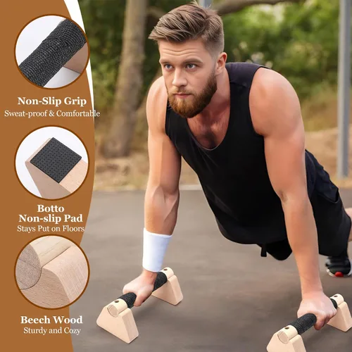 Miniatura 3 de Barra de realce de 2 piezas, equipo de calistenia de madera para hombres y mujeres, entrenamiento de fuerza, asas de flexión con base antideslizante