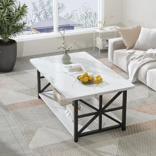 Miniatura 4 de AWQM Mesa de Centro de Mármol Sintético para Sala de Estar con Esquinas Redondas, Mesa de Sala de Estar de 2 Niveles con Estante de Almacenamiento