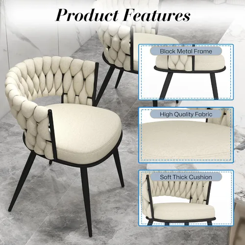 Miniatura 4 de Juego de 2 sillas de comedor tejidas, modernas sillas de comedor tejidas a mano con patas de metal negro, sillas tapizadas con marco negro