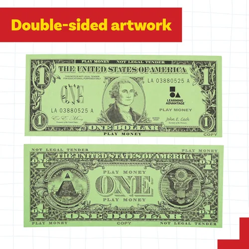 Miniatura 6 de LEARNING ADVANTAGE Billetes de juego de un dólar Juego de 100 Tamaño como efectivo real Dinero de juego para enseñar moneda y contar