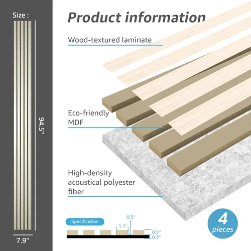 Miniatura 4 de Art3d Paneles acústicos de listones de madera de 4 piezas para decoración elegante y reducción de ruido, panel texturizado 3D para techo y pared