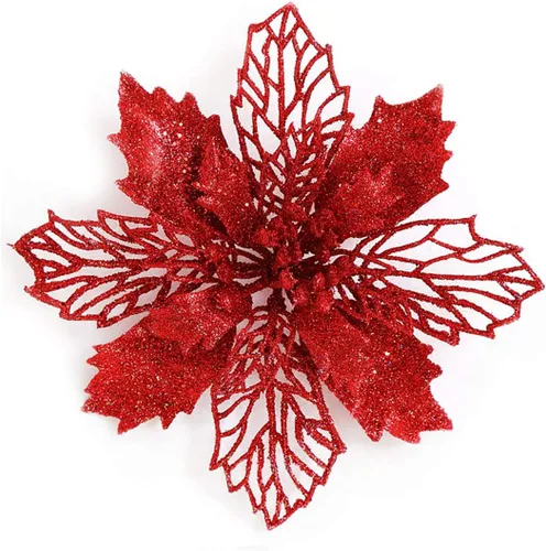 Miniatura 5 de Paquete de 12 flores de Pascua artificiales con purpurina para corona de Navidad, adornos de flores para árbol de Navidad, 6'' (16cm) de diámetro