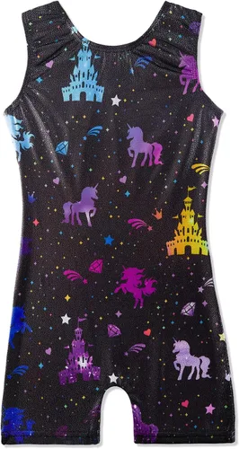 HOZIY Leotardos de gimnasia con pantalones cortos para niñas y niños pequeños, trajes de ciclista con estampado de unicornio brillante, leopardo,