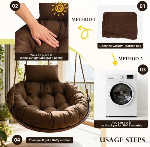 Miniatura 7 de Cojín impermeable para silla de huevo, color negro, lavable, con lazos, grueso, grande, para silla de huevo, para exteriores, con almohada