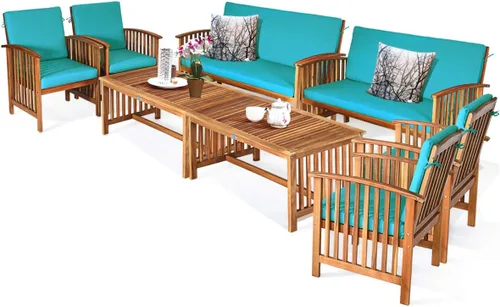 Miniatura 13 de Tangkula - Juego de 4 sofás de madera de acacia para exterior con cojines resistentes al agua, juego acolchado con mesa de centro para jardín, patio