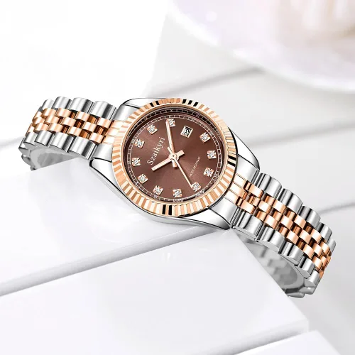 Miniatura 5 de Reloj clásico para mujer con banda de acero inoxidable sólido, reloj de vestir para mujer, reloj con calendario