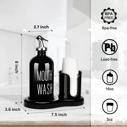 Miniatura 2 de Dispensador de Enjuague Bucal de Vidrio con Portavasos, BYAWAY Juego de Enjuague Bucal para Baño, Contenedor de Botella de Enjuague Bucal Recargable
