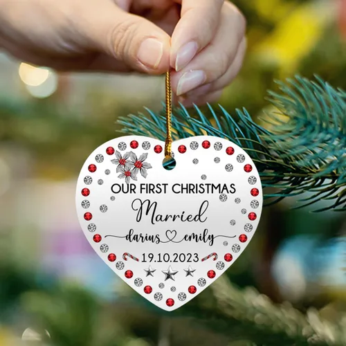 Miniatura 6 de Adornos personalizados de corazón para la primera Navidad, regalos para pareja de recién casados 2025, adorno de nuestra primera Navidad casado
