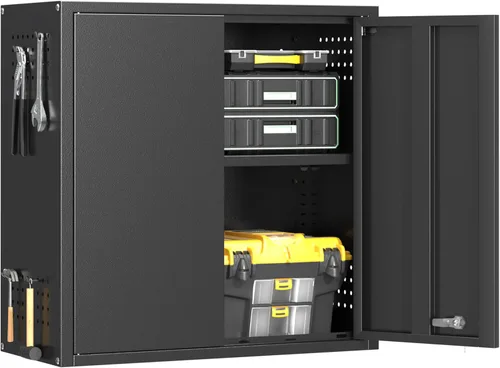 Miniatura 9 de Armario de pared de garaje de metal con puerta abatible hacia arriba, cabenit de herramientas flotante negro con estante ajustable, armarios