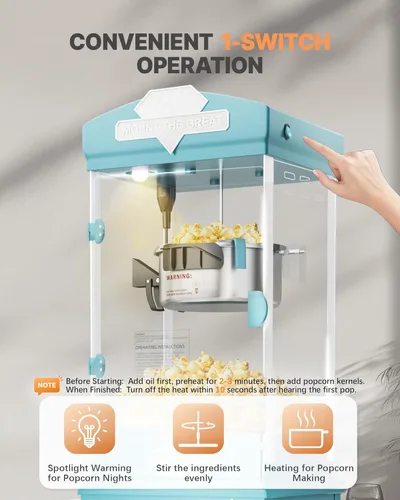 Miniatura 6 de Carro de máquina de palomitas de maíz de 10 onzas, máquina para hacer palomitas con rueda y hervidor de acero inoxidable que hace hasta 40 tazas