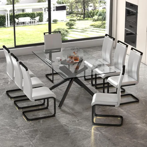 Miniatura 14 de Juego de 8 mesas de comedor de cristal, moderno juego de mesa de comedor de 71 pulgadas con 8 sillas de comedor tapizadas de piel sintética
