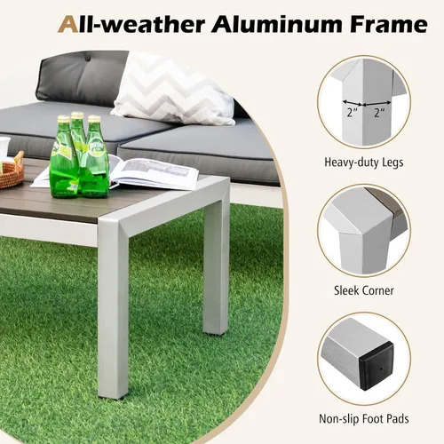 Miniatura 5 de Tangkula Mesa de centro de aluminio para exteriores, moderna mesa de cóctel rectangular con mesa de madera de plástico y marco de aluminio